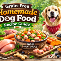 Happy Golden Retriever sitting beside a bowl of grain-free homemade dog food made with fresh chicken, carrots, peas, and natural ingredients in a rustic kitchen setting.