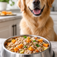 Homemade dog food for allergies in a stainless steel bowl with healthy golden retriever in kitchen