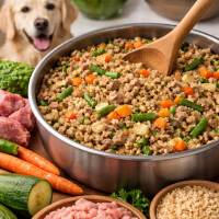Stainless steel bowl filled with homemade dog food without chicken made from turkey, beef, brown rice, carrots, zucchini, and green beans, with a happy golden retriever in the background.