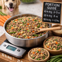 Stainless steel bowl of homemade dog food on a kitchen scale with portion guide showing how much to feed dogs by weight, and a golden retriever in the background.