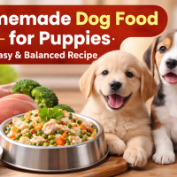 Homemade dog food for puppies with chicken, rice, and vegetables served in a bowl beside two happy puppies