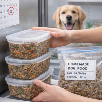 Airtight containers and labeled freezer bag of homemade dog food being placed in a refrigerator, with a golden retriever in the background.