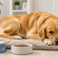 Golden Retriever resting beside food bowls due to digestive problems and stomach discomfort in dogs