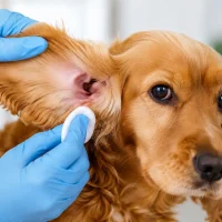 Veterinarian gently cleaning and examining a dog's ear during treatment for a dog ear infection.