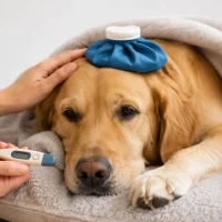 Sick golden retriever showing dog illness symptoms while resting under a blanket