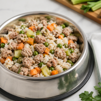 easy homemade dog food recipe with rice, ground meat and vegetables in a bowl
