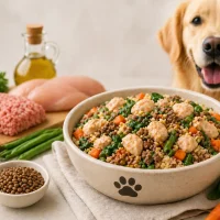 high protein homemade dog food with chicken turkey rice vegetables and fresh ingredients
