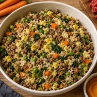 Homemade dog food beef recipe made with ground beef, brown rice, eggs, pumpkin puree, spinach, peas, and carrots in a serving bowl.