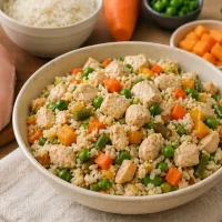 Homemade dog food chicken recipe with rice and vegetables in a bowl