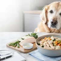 Homemade dog food for kidney disease with chicken, rice, carrots, green beans, zucchini, and fresh water.