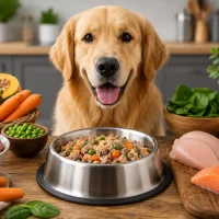 Golden Retriever sitting behind a bowl of homemade high protein dog food with fresh chicken, beef, salmon, eggs, vegetables, and healthy ingredients on a kitchen table